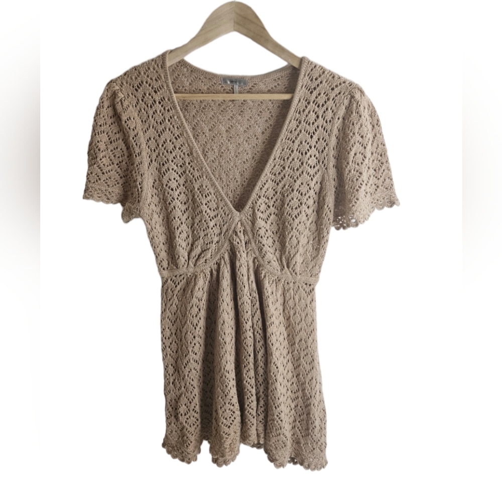 Metro 7 Womens Tan Boho Crochet Top V Neck Size Large